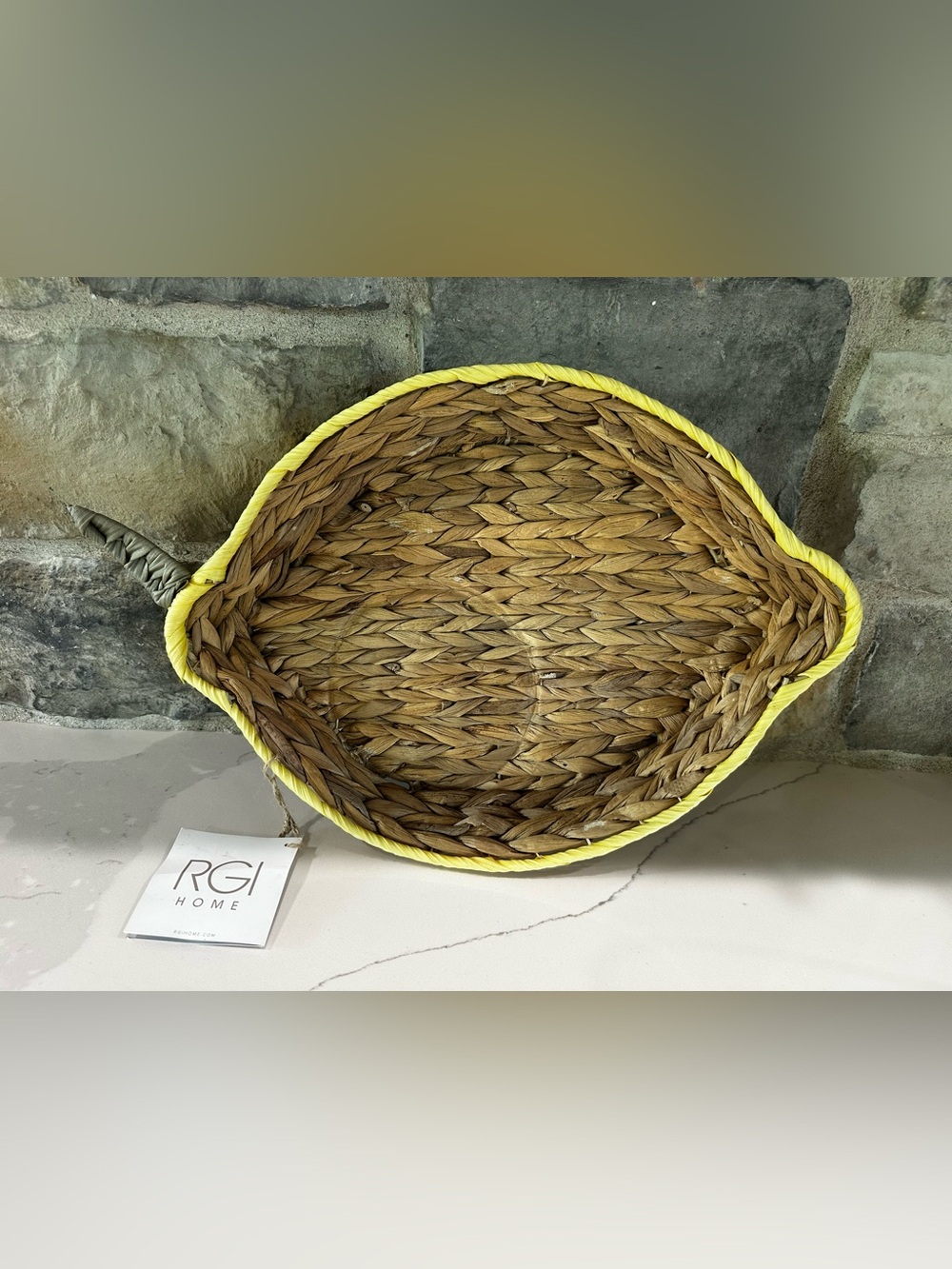 RGI Home Woven Lemon Basket Tray natural water hyacinth Wicker Yellow Border